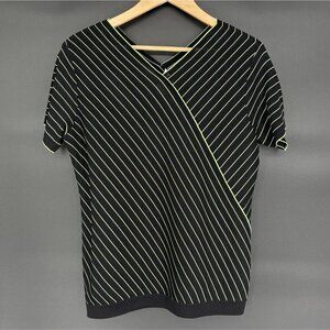 Vintage Exclusively Misook Striped V-Neck Knit Top L Black Green Short Sleeve